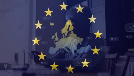 Animación-De-Las-Estrellas-De-La-Bandera-De-La-Unión-Europea-Girando-Y-Mapa-De-Europa-Sobre-Una-Mujer-Usando-Un-Teléfono-Inteligente