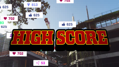 Animation-of-high-score-and-social-media-reactions-over-cityscape