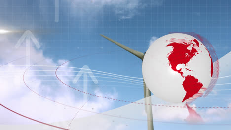 Animation-Von-Globus-Und-Pfeilen-über-Windkraftanlage