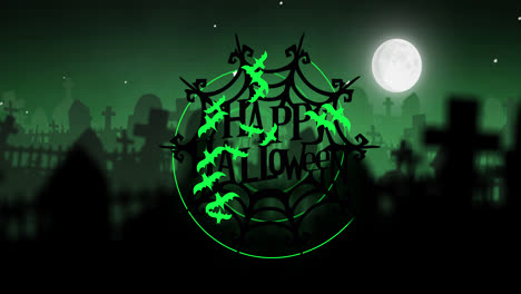 Animation-Von-Happy-Halloween,-Spinnennetz,-Fledermäusen-Und-Friedhof-Auf-Grünem-Hintergrund