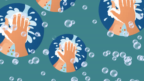 Animation-of-washing-hands-icon-over-bubbles-on-green-background
