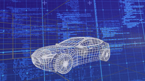 Animación-Del-Dibujo-De-Un-Automóvil-En-3D-Conduciendo-Sobre-Procesamiento-De-Datos-Y-Cuadrícula.