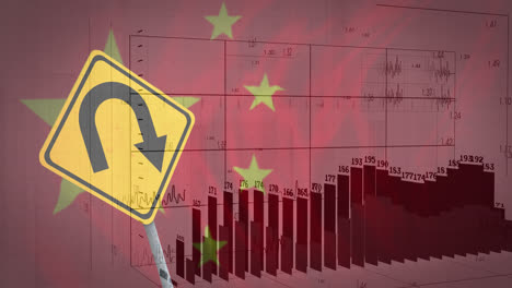 Animation-Der-Verarbeitung-Finanzieller-Daten-über-Einem-Straßenschild-Und-Der-Flagge-Chinas