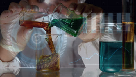 Animation-of-diverse-data-over-lab-worker-pouring-reagents-into-glass