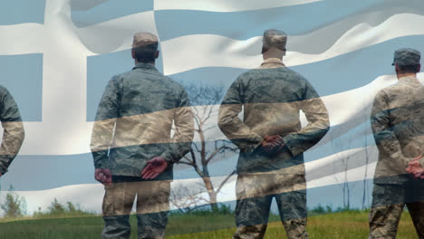 Animation-of-flag-of-greece-over-rear-view-of-male-soldiers-in-uniform
