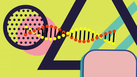 Animation-of-dna-strand-spinning-over-abstract-shapes-on-yellow-background