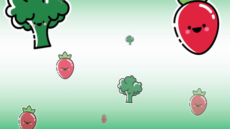 Animation-Verschiedener-Cartoon-Gemüsesorten,-Die-Auf-Hellgrünem-Hintergrund-Schweben