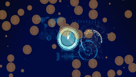 Animation-of-clock-and-dollar-coins-over-data-processing