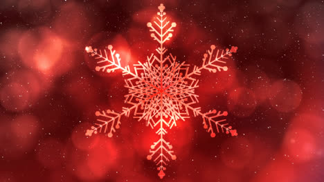 Animation-Von-Schnee,-Der-über-Die-Weihnachtsdekoration-Mit-Schneeflocken-Auf-Rotem-Hintergrund-Fällt