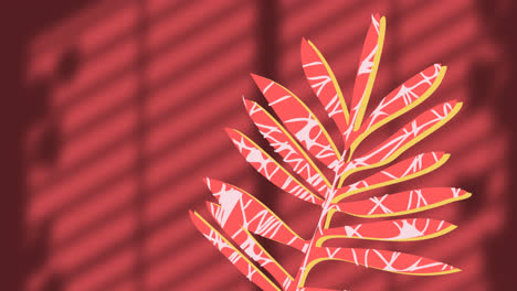 Animation-of-plant-over-leaves-and-window-shadow-on-red-background