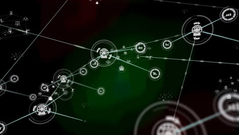 Animation-Des-Netzwerks-Von-Verbindungen-über-Symbolen-Auf-Schwarzem-Hintergrund