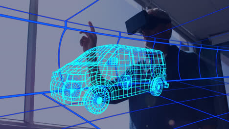 Animation-Einer-Digitalen-3D-Zeichnung-Eines-Autos-über-Einem-Mann-Mithilfe-Eines-VR-Headsets