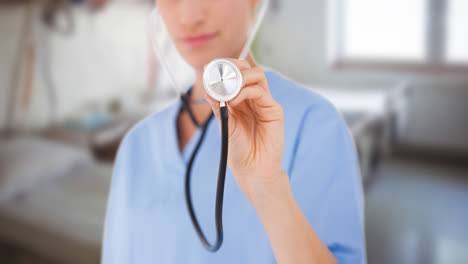 Animation-of-smiling-caucasian-female-doctor-with-stethoscope-over-patient-room