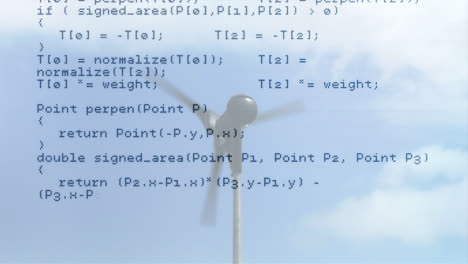 Animation-of-data-processing-over-wind-turbine-and-sky-with-clouds