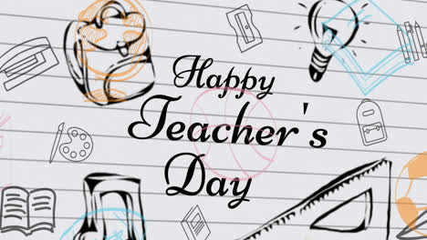 Animation-of-happy-teacher's-day-over-school-items-icons-on-white-background