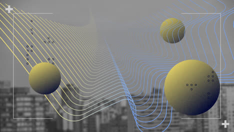 Animation-of-mesh-of-connections-with-yellow-globes-nd-cityscape