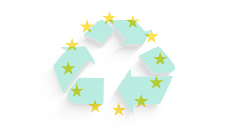 Animation-of-european-union-flag-stars-with-green-recycling-symbol-on-white-background