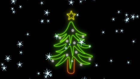 Animation-of-neon-christmas-tree-over-snow-falling-on-black-background-at-christmas