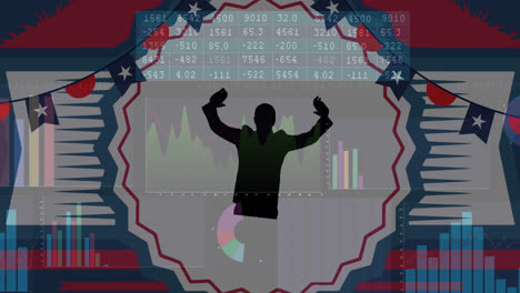 Animation-of-american-flag-and-celebrating-man-with-statistics-processing