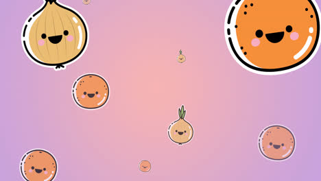 Animation-of-cartoon-onions-and-oranges-floating-on-pink-background