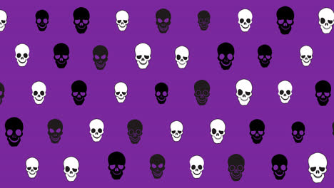 Animation-Von-Schwarzen-Und-Weißen-Totenköpfen-Auf-Schwebendem-Violettem-Hintergrund
