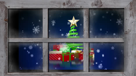 Animation-Von-Schnee,-Der-über-Den-Weihnachtsbaum-Und-Die-Geschenke-In-Der-Winterlandschaft-Fällt,-Gesehen-Durch-Das-Fenster