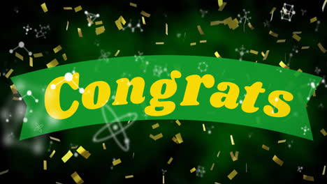 Animation-of-gold-confetti-falling-over-congrats-text-on-banner-and-molecules-spinning