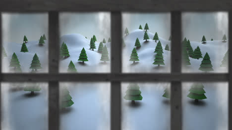 Wooden-window-frame-against-multiple-trees-on-winter-landscape