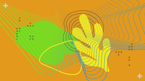 Animation-of-colourful-lines-and-green-shapes-on-orange-background