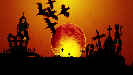Animación-Del-Cementerio-De-Halloween,-Fantasmas,-Murciélagos,-Arañas-Y-Luna-Llena-Sobre-Fondo-Naranja