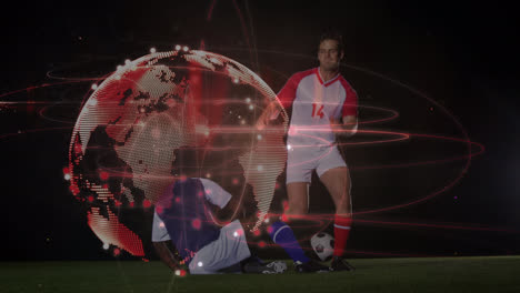 Animation-of-globe-rotating-over-diverse-male-soccer-players