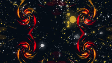 Animation-of-spiral-flames-and-yellow-dots-on-black-background