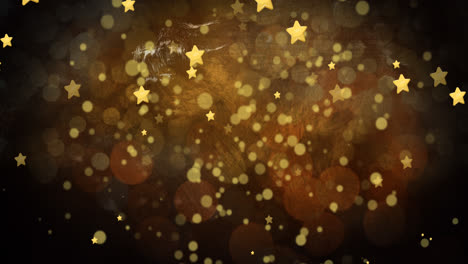 Animation-of-golden-dots-and-stars-falling-on-brown-background
