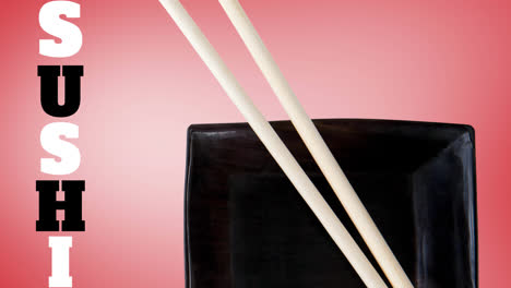 Animation-of-sushi-and-plate-with-sticks-on-pink-background