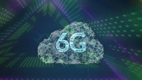 Animation-of-6g-text-with-digital-cloud-over-neon-light-trails