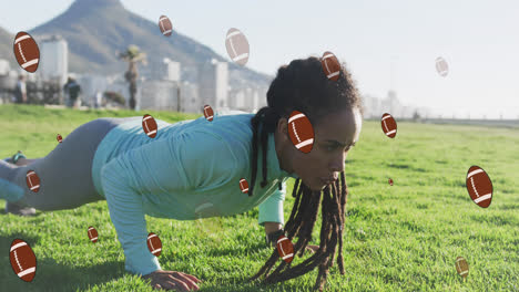 Animation-of-rugby-ball-icons-over-biracial-woman-exercising-in-park