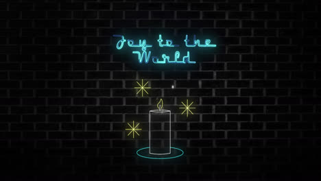 Animation-of-neon-joy-ti-the-world-text-and-candle-on-black-background
