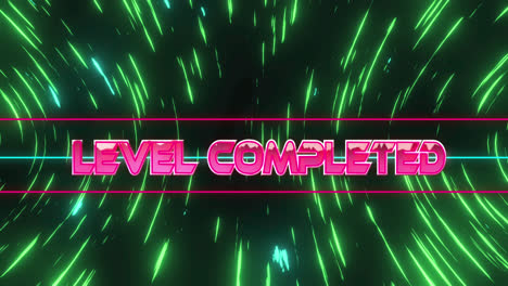 Animation-of-level-completed-text-over-green-trails-of-lights