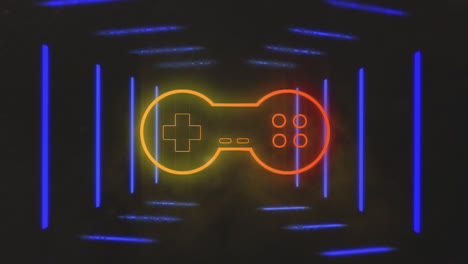 Animation-Eines-Gaming-Pads-Und-Neonlinien-Auf-Schwarzem-Hintergrund