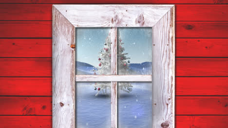 Animation-of-snow-falling-and-christmas-tree-in-winter-scenery-seen-through-window