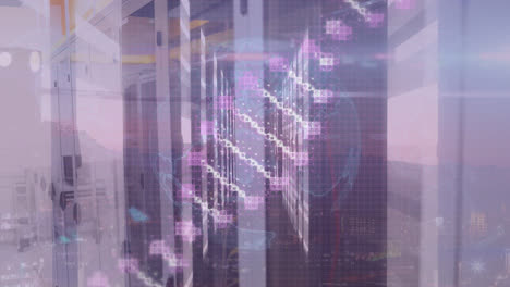 Animation-Rotierender-DNA-über-Einem-Globus-Und-Mikroprozessorverbindungen-Vor-Einer-Stadt-Im-Hintergrund