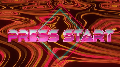 Animation-Eines-„Presse-Start“-Textbanners-über-Einem-Abstrakten-Flüssigen-Kaleidoskopmuster-Auf-Rotem-Hintergrund