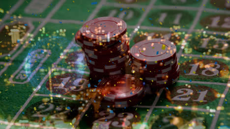 Animation-of-spots-of-light-and-colorful-confetti-over-stack-of-casino-poker-chips-on-a-table
