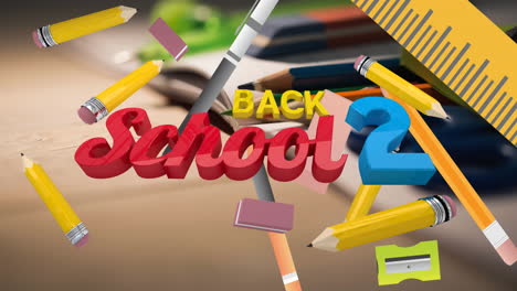 Animation-of-back-to-school-text-and-pencil-erasor-icons-aganst-close-up-of-pencils-and-books