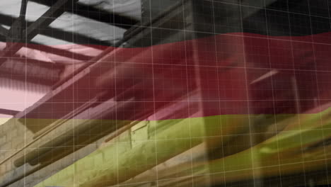 Animation-Eines-Roten-Diagramms,-Datenverarbeitung-Und-Der-Deutschen-Flagge-über-Einer-Fabrik