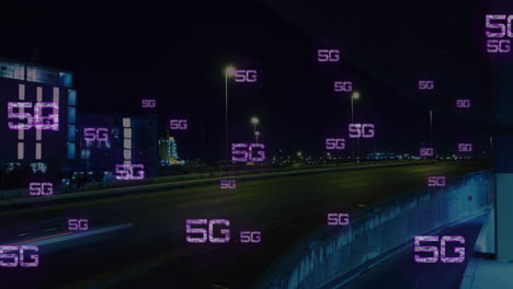 Animation-of-5g-texts-over-time-lapse-of-moving-vehicles-on-street-in-background
