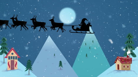 Animation-of-snow-falling-over-santa-claus-in-sleigh-pulled-by-reindeers-against-winter-landscape