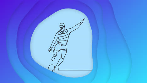 Animation-of-drawing-of-male-rugby-player-kicking-ball-and-shapes-on-blue-background