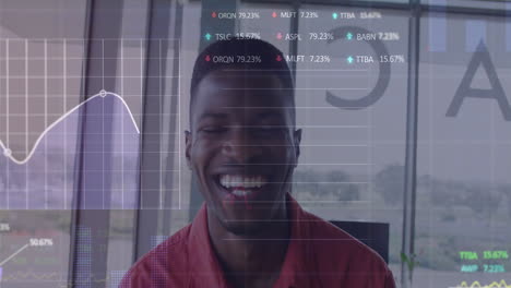 Animation-of-graphs-and-trading-boards-over-smiling-african-american-woman-in-office