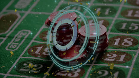 Animation-of-neon-round-scanner-and-golden-confetti-over-stack-of-casino-poker-chips-on-a-table